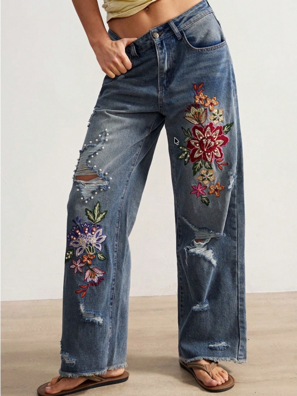 Boho Dark Wash Floral Embroidered Distressed Straight leg Denim Jeans